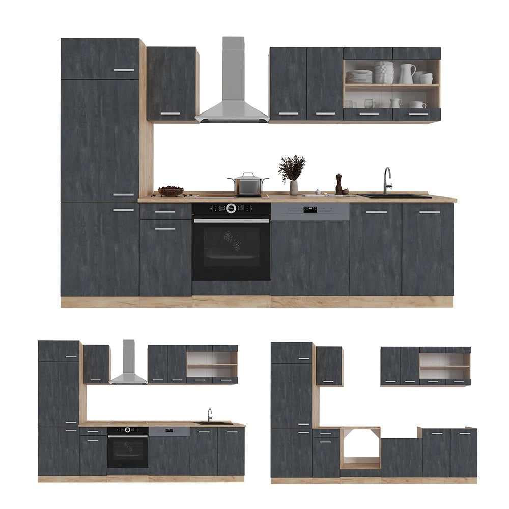 Cucina componibile R-Line Calce nera/Rovere dorato 300 cm PL Marmo Vicco