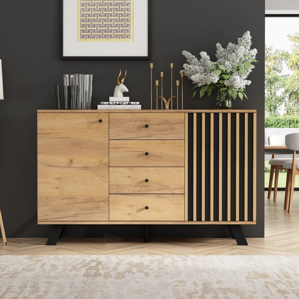 CREDENZA 120x38x75 cm MDF Nero e Legno con 4 Cassetti e 2 Ante