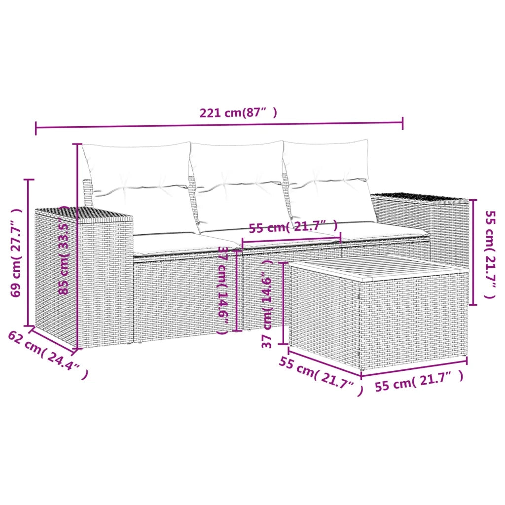 Set Divani da Giardino 4 pz con Cuscini Nero in Polyrattan