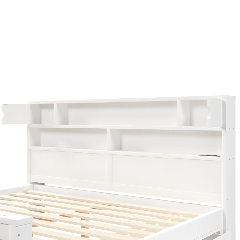 Letto matrimoniale 180x200 cm con testiera a libreria; LED e 4 cassetti in MDF e compensato; bianco