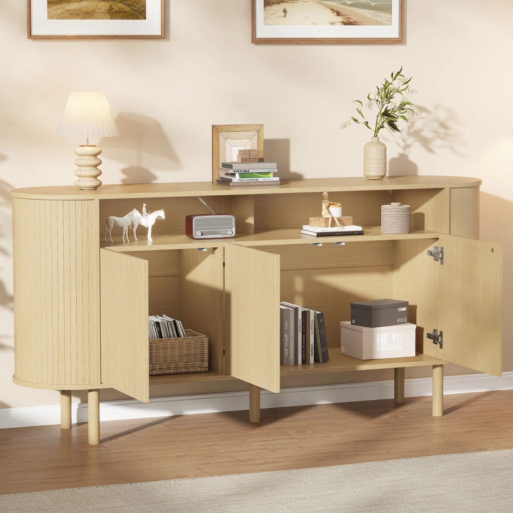 Credenza a tre ante, mobile da ingresso, ripiani a vista, gambe in legno massello, 160 x 40 x 78.5 cm, color legno naturale