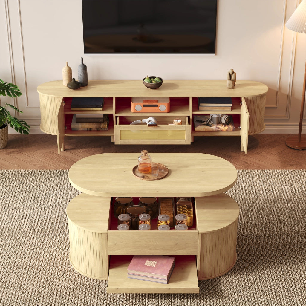 OKWISH Set 2 Mobili da Soggiorno con Tavolino Alzabile e Mobile TV, Vani Contenitivi e Passacavi, MDF Naturale