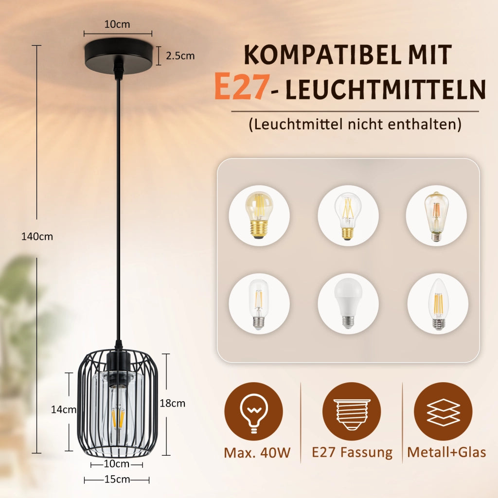 ZMH Lampada a sospensione vintage in vetro nero E27 industriale 1 luce per soggiorno lampadina non inclusa