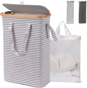 Wastino composto di bambù con coperchio, 52 litri, con strisce, pieghevole, con maniglia portatile per appartamento, stanza da letto e caravan