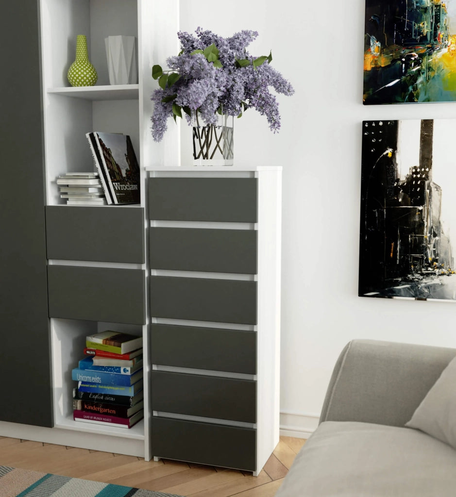Cassettiera AKORD CL6 Cassettiera Bianca 40 cm 6 cassetti inserto frontale Grigio Grafite 40x35x109 cm