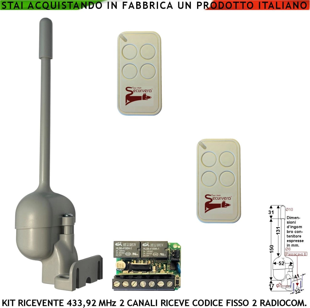 Kit Ricevente Radio Bicanale Frequenza 433,92 MHz 2 Radiocomandi 4 Canali Rolling Code Securvera Apprende Fino a 180 Codici Uscita 2 Relè Impulsivi o Stabili ON-OFF Alimentazione 12/24 Vac Prot. IP55