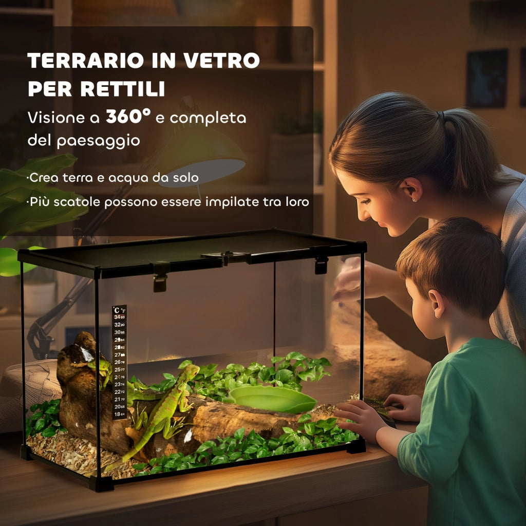Terrario per Rettili Rialzato ¨C Xylo ¨C Vetro e Rete Metallica con Serratura e Termometro, 50x30x35 cm, Nero