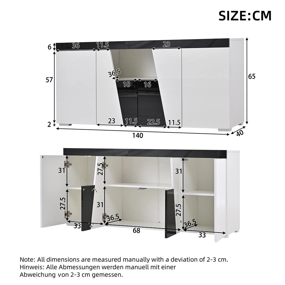Credenza Angolare 140x40x65cm - Xylo - 3 Ante con Luci LED, Colore Bianco e Nero