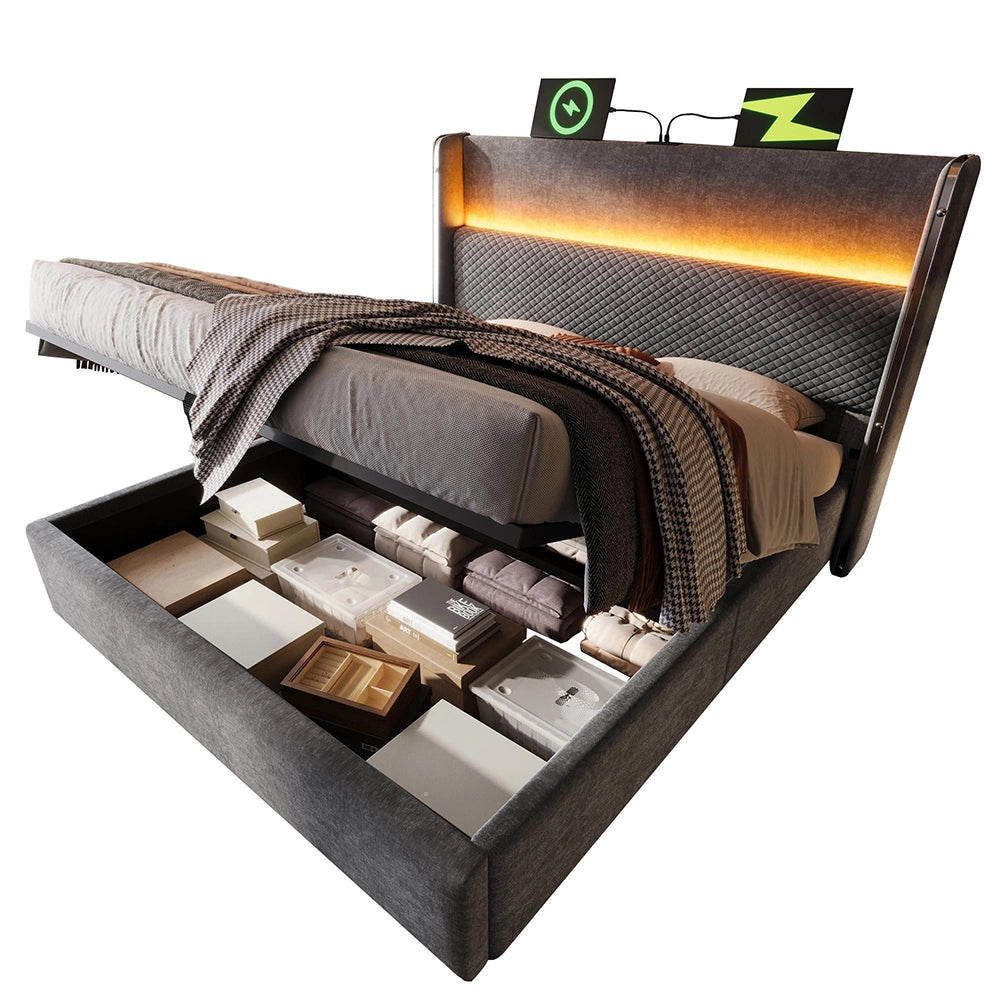 Letto 140x200cm?- Xylo - idraulico LED USB lino grigio