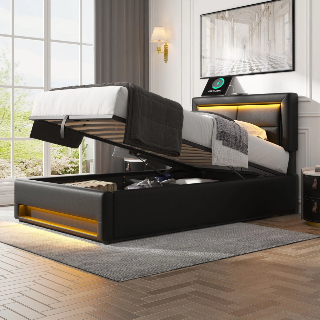 Letto imbottito 90x200 cm con USB, LED e contenitore, senza materasso, nero