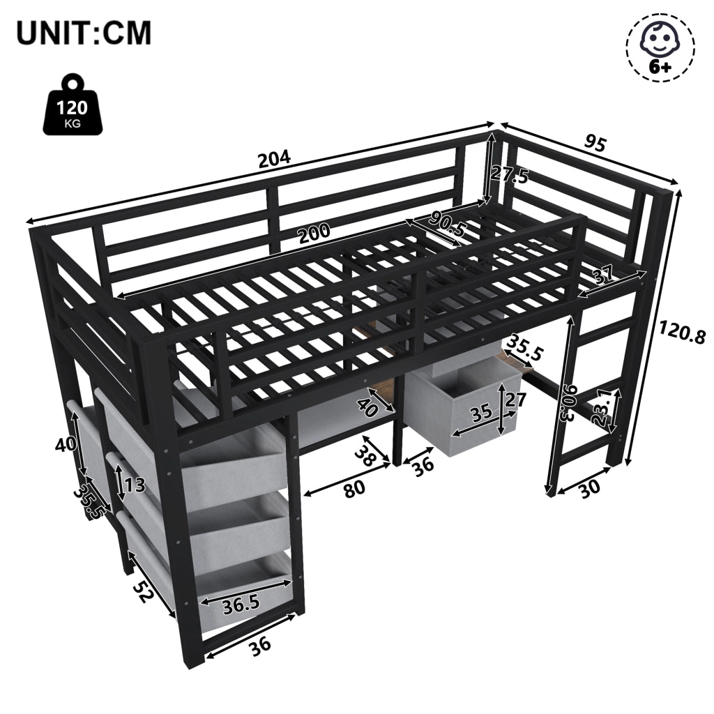 LETTO a metà altezza 90x200 cm Metallo Nero con cuscino, LED e vani portaoggetti