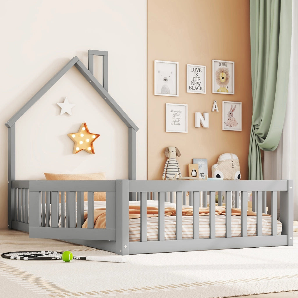Letto a casetta con camino; recinzione di sicurezza e doghe; pino e MDF; grigio; 90x200 cm; senza materasso