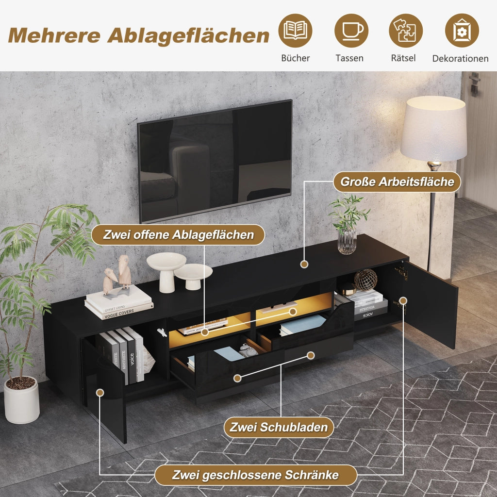 MOBILE TV 180x40x45 cm Nero lucido con LED 2 cassetti e 2 ante