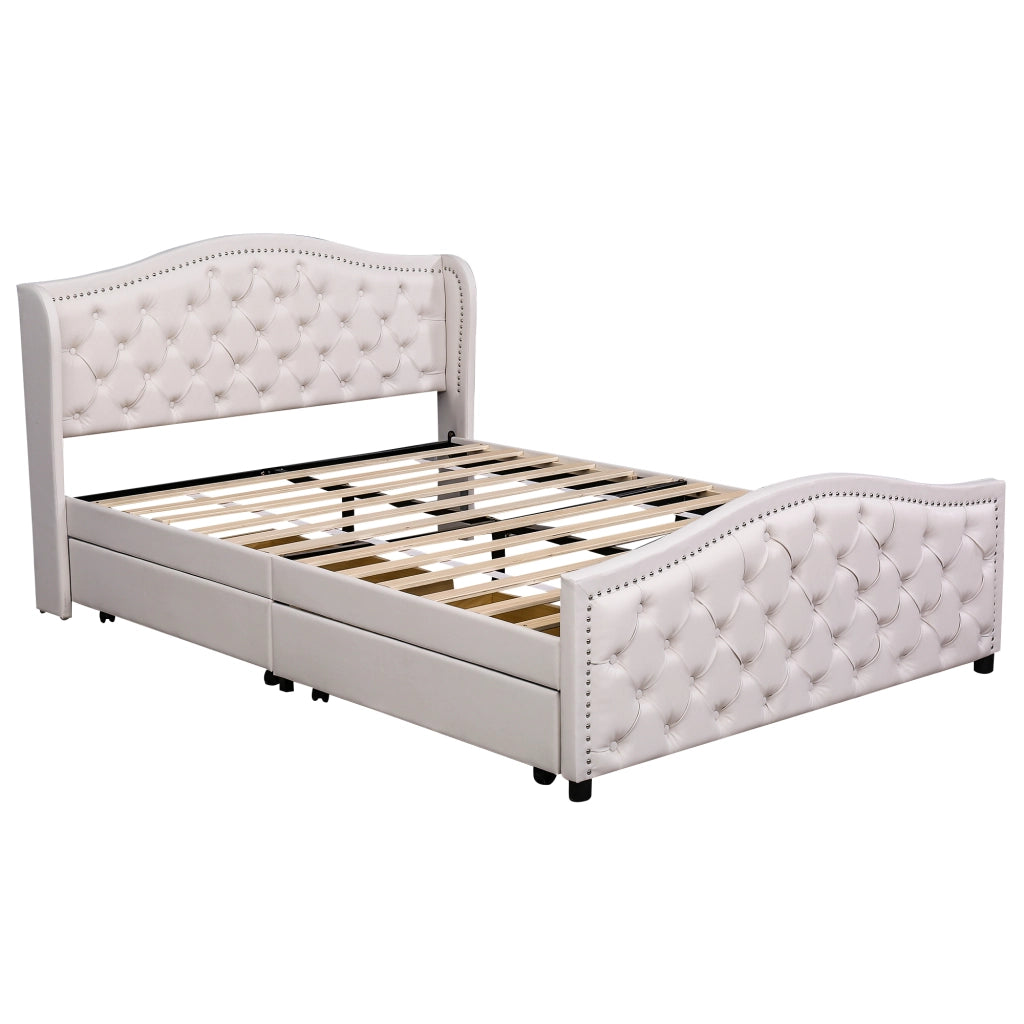 LETTO Imbottito 140x200 cm Bianco PU con rete a doghe e 2 cassetti