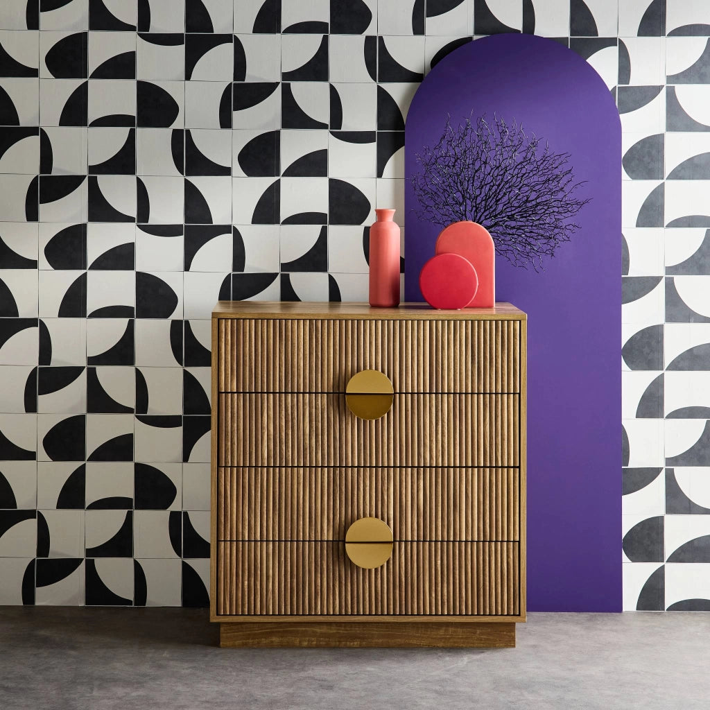 Cassettone con effetto legno di mango a 4 cassetti, effetto legno