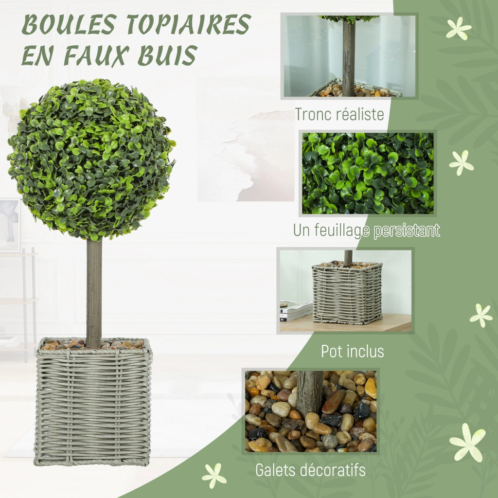 Pianta Artificiale Bosso Sferica 50cm ¨C Xylo ¨C Verde con Vaso Intrecciato e Ciottoli