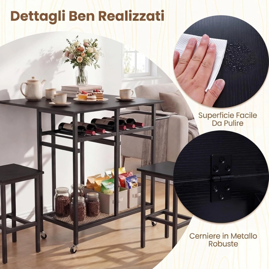 Set Tavolo da Pranzo Pieghevole 3 Pezzi, Tavolo Salvaspazio Estendibile con 2 Sgabelli con Ruote, Portabottiglie da 6 Posti, Ripiani e Maniglia Laterale per Cucina (Nero,Modello 2)