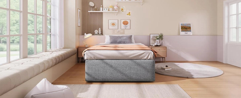 DESMIU Letto imbottito 90 × 200 cm 1 posto con 1 cassetto, contenitore idraulico, senza materasso, tessuto grigio