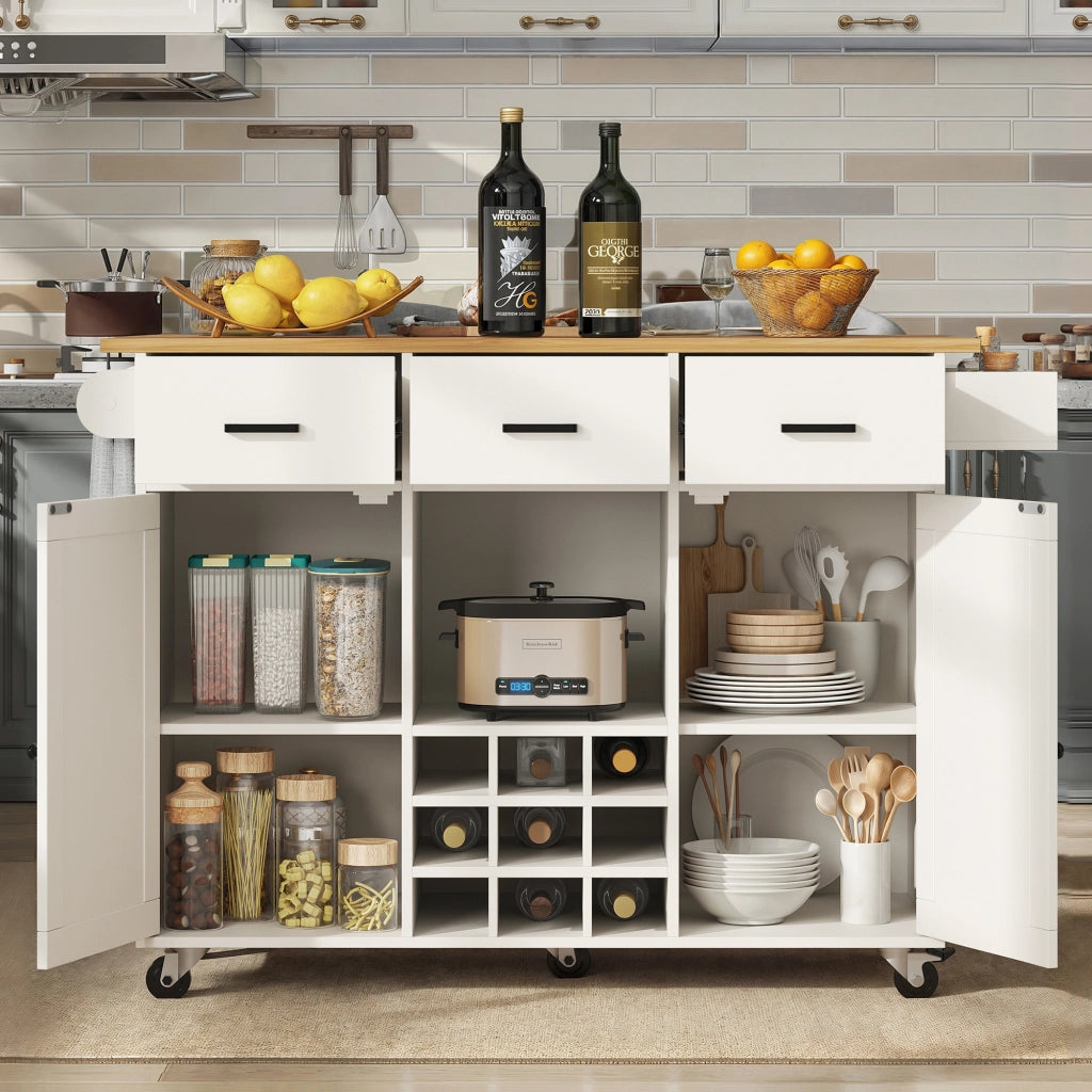 Carrello da Cucina con Piano Lavoro ¨C MINIMAL ¨C Bianco, Legno, Ripiani Regolabili