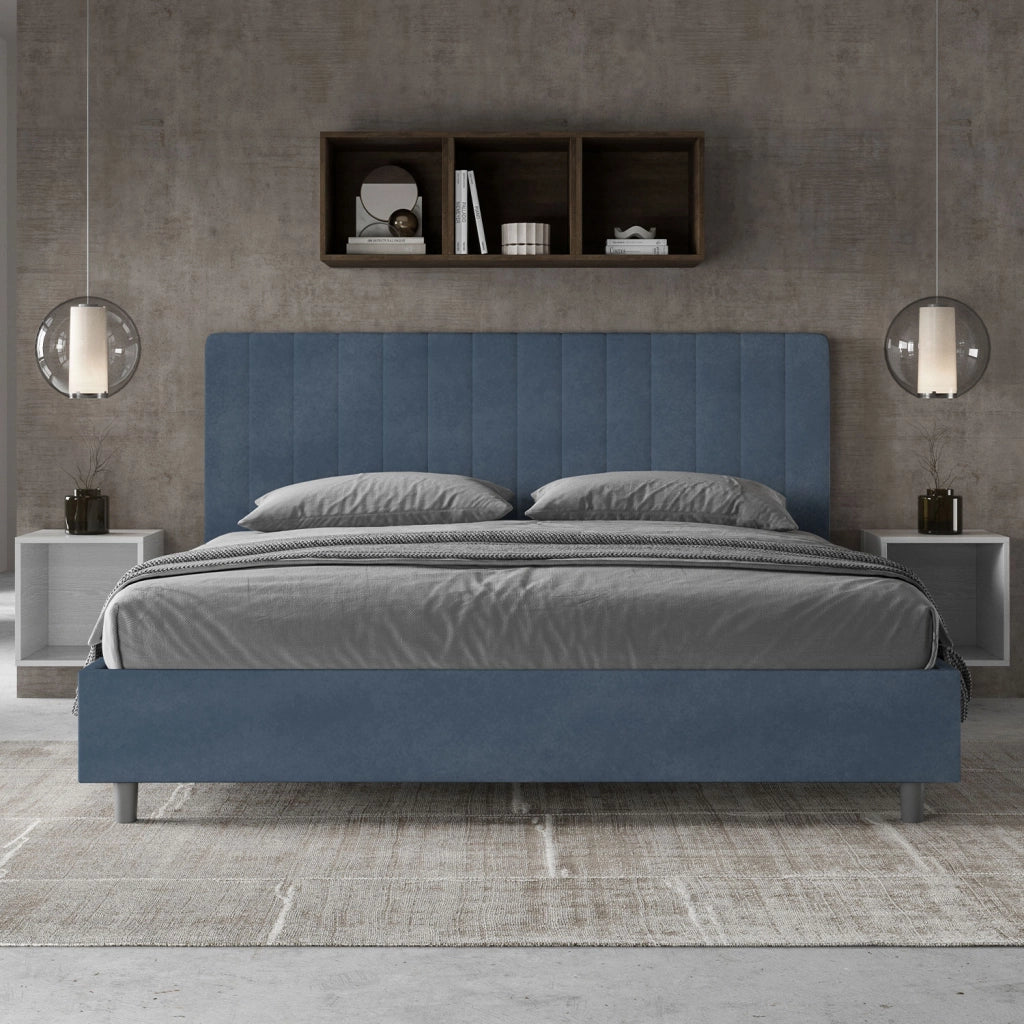 BS COM Letto matrimoniale king size con rete imbottito 190x200 microfibra blu