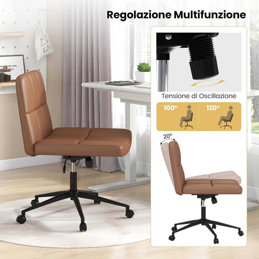 Sedia da Ufficio con Ruote, Sedia Scrivania a Gambe Incrociate Rivestita in Pelle PU, Sedia Ufficio con Altezza e Regolabile Regolabile, Sedai senza Braccioli, Portata 150 kg (Marrone)
