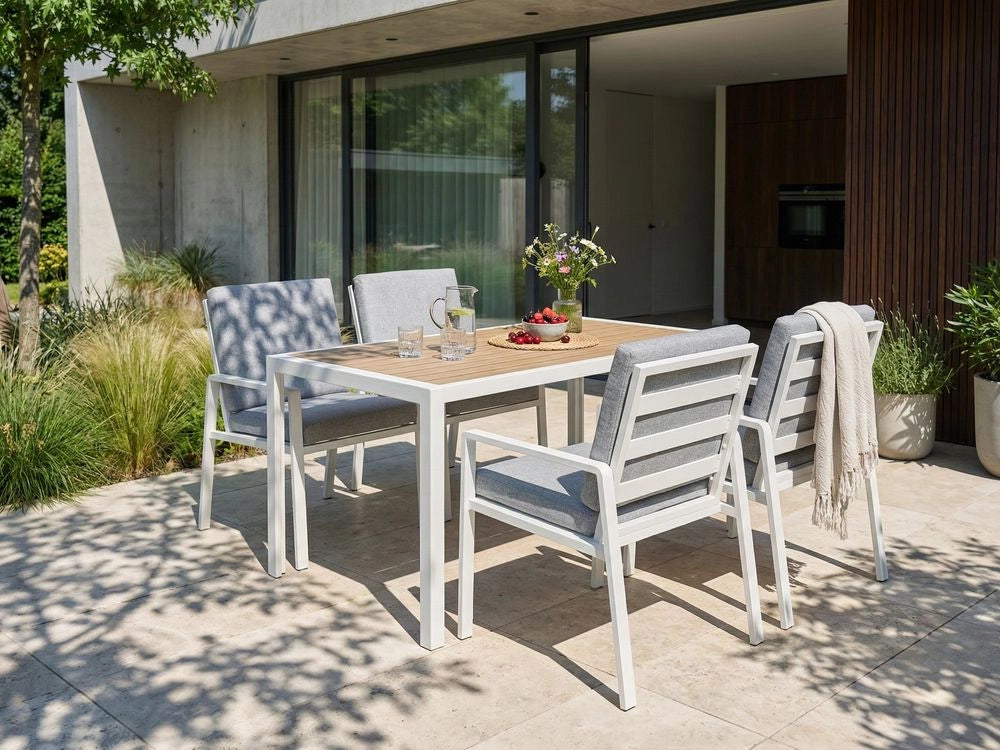 Set da pranzo da giardino 4 pezzi Tavolo e sedie bianchi e grigi Piano a doghe con cuscini Struttura in alluminio Patio esterno Moderno