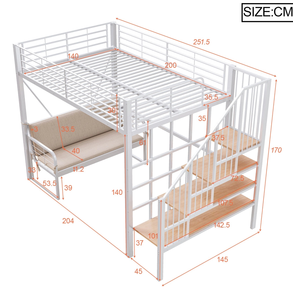 Letto a castello 140x200 cm con scala contenitore e divano sfoderabile