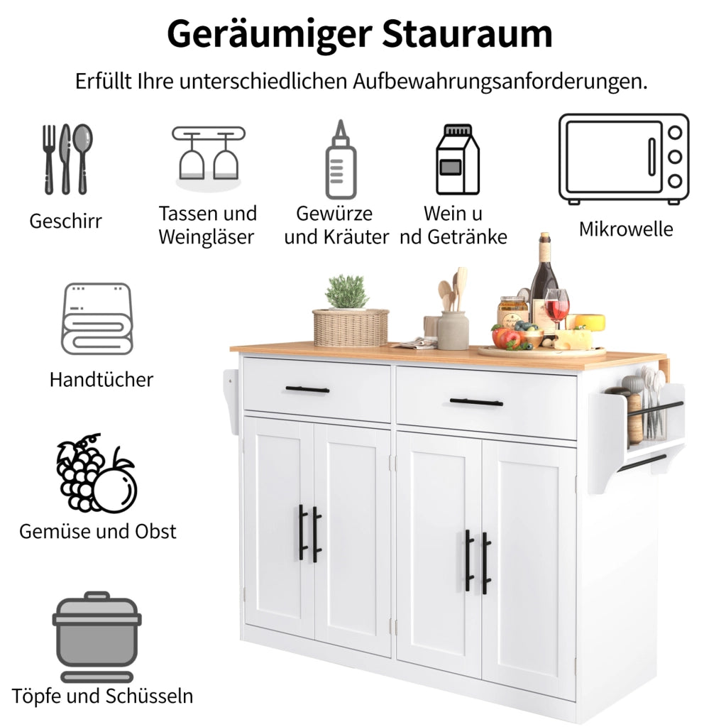Carrello cucina multifunzione con piano ribaltabile 120x46(70)x91;5 cm; bianco e naturale