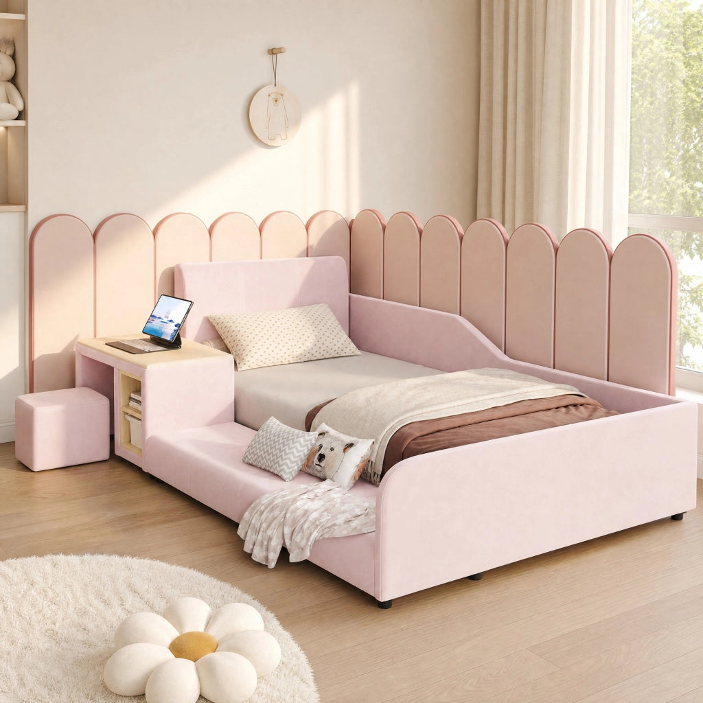 LETTO singolo 90x200 cm in velluto rosa con scrivania, sgabello e ripiano