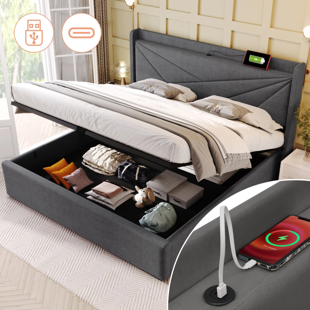 LETTO Contenitore 140x200 cm Grigio in cotone e lino con USB e Tipo C