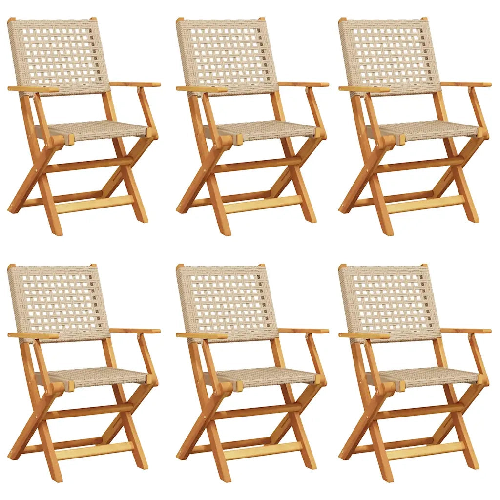 Sedie Giardino Pieghevoli 6pz Beige Polyrattan e Legno Massello