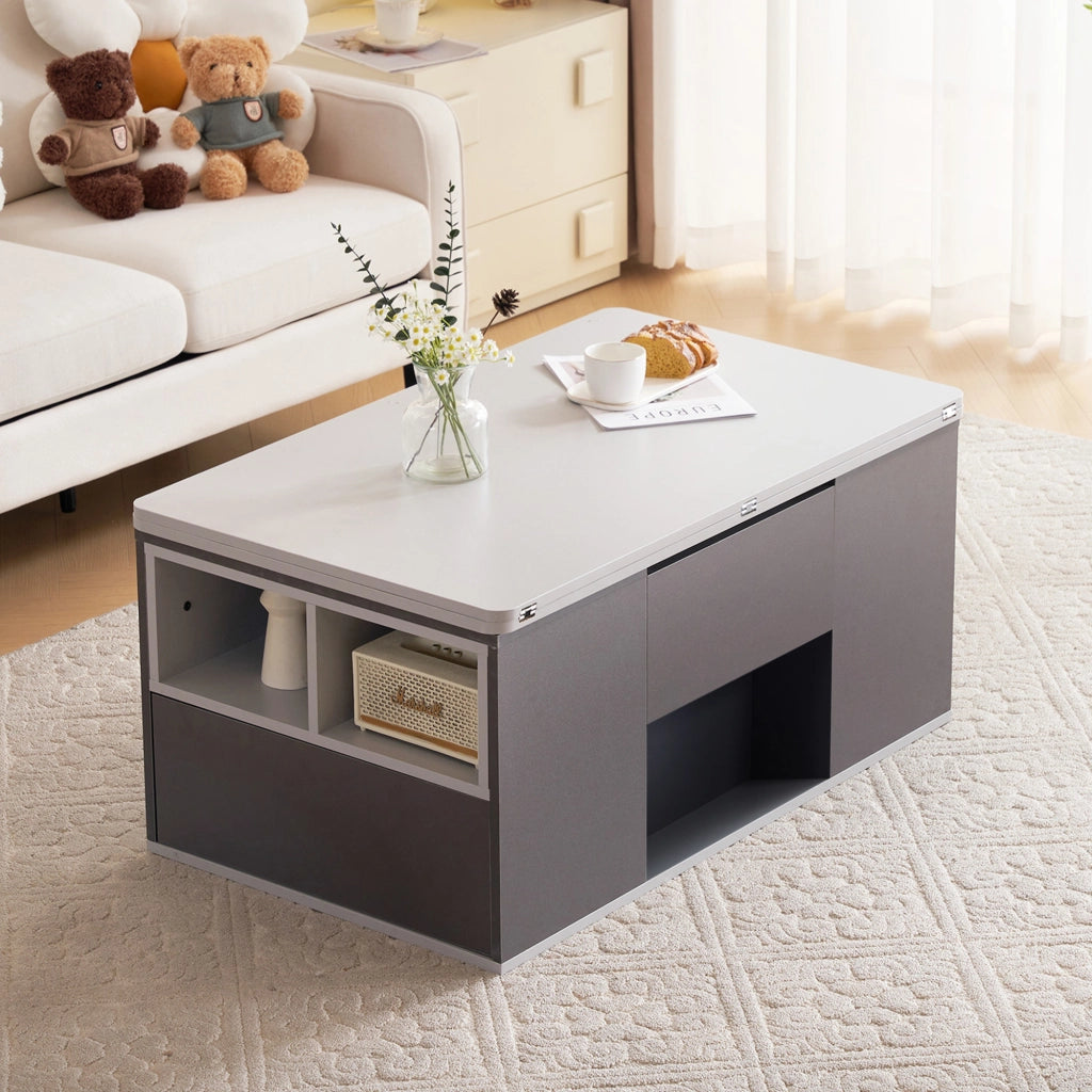 Tavolino da caffè con piano alzabile; 2 cassetti e vani aperti - per soggiorno - 100x51x47 cm - grigio
