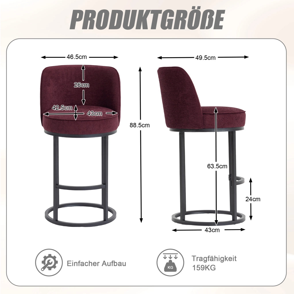 Sgabello da Bar con Schienale Ergonomico e Poggiapiedi, Struttura in Metallo, in Lino Rosso Vino