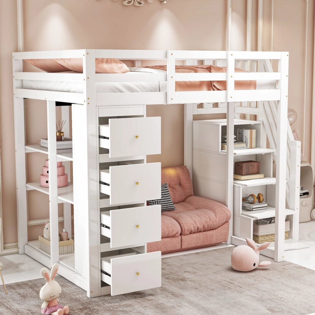 Letto a soppalco 90×200 cm e 140×200 cm con 4 cassetti; ripiani e scala; senza materasso; legno; bianco