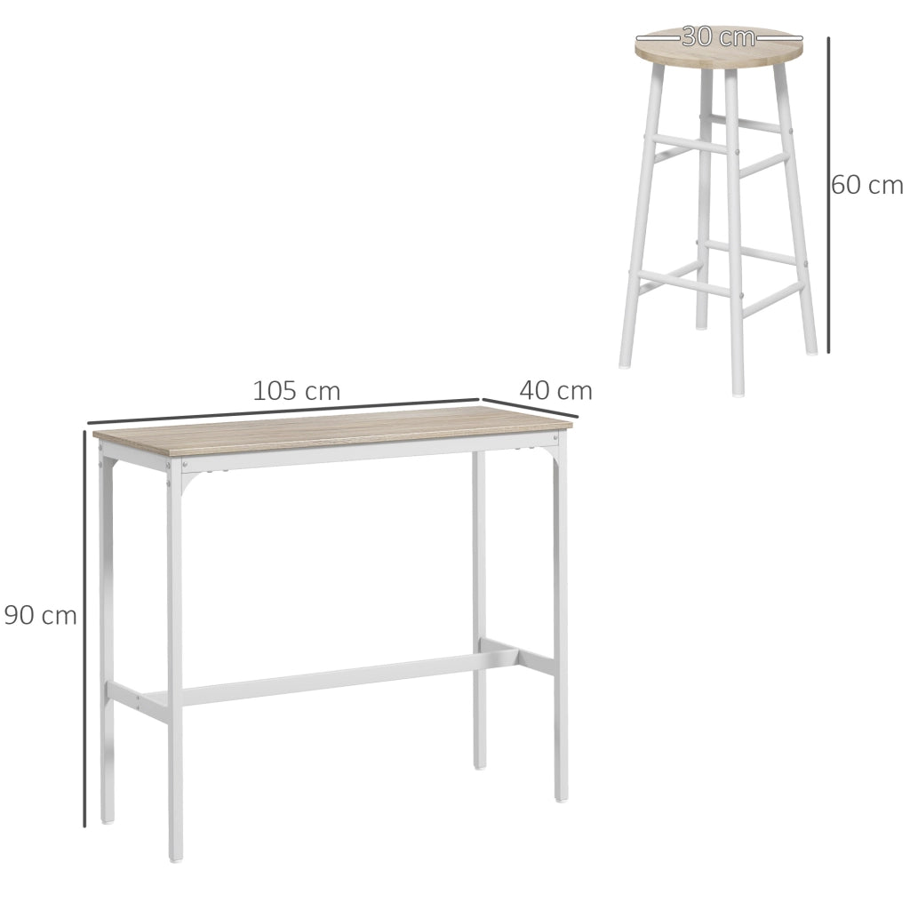 Set tavolo bar alto + 2 sgabelli con piano effetto legno naturale e telaio in metallo bianco per 2 persone