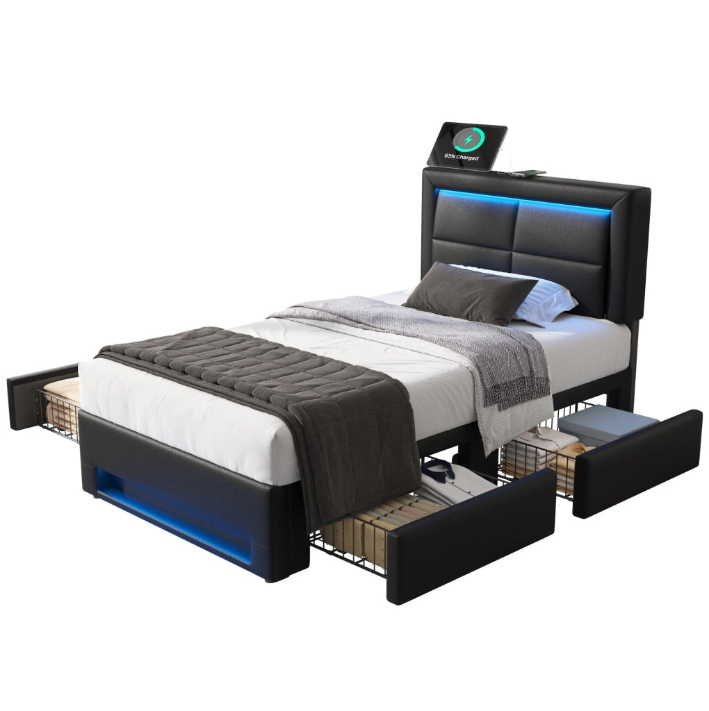 Letto imbottito 90x190 cm con USB; luce LED e 4 cassetti; in PU nero