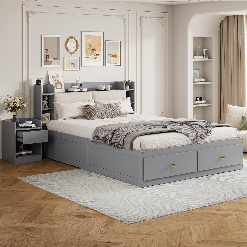 Letto contenitore matrimoniale 140×200 cm con testiera imbottita; 2 cassetti e ripiani; senza materasso; legno; grigio