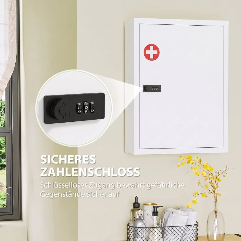 Armadietto a muro per medicinali, mobiletto da bagno con serratura a combinazione, anta e vani portaoggetti, bianco