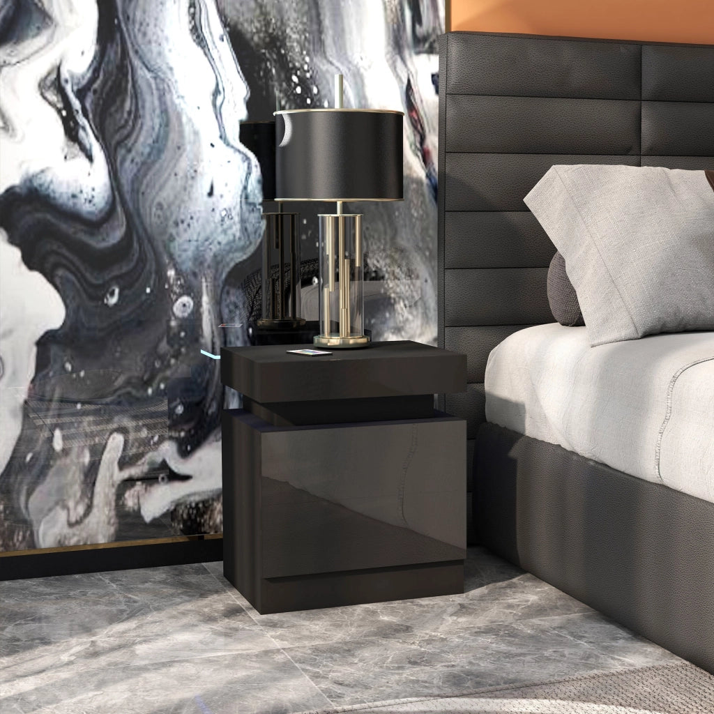 Comodino con Luci LED e 2 Cassetti ¨C zephmum ¨C 45x35x52 cm Nero