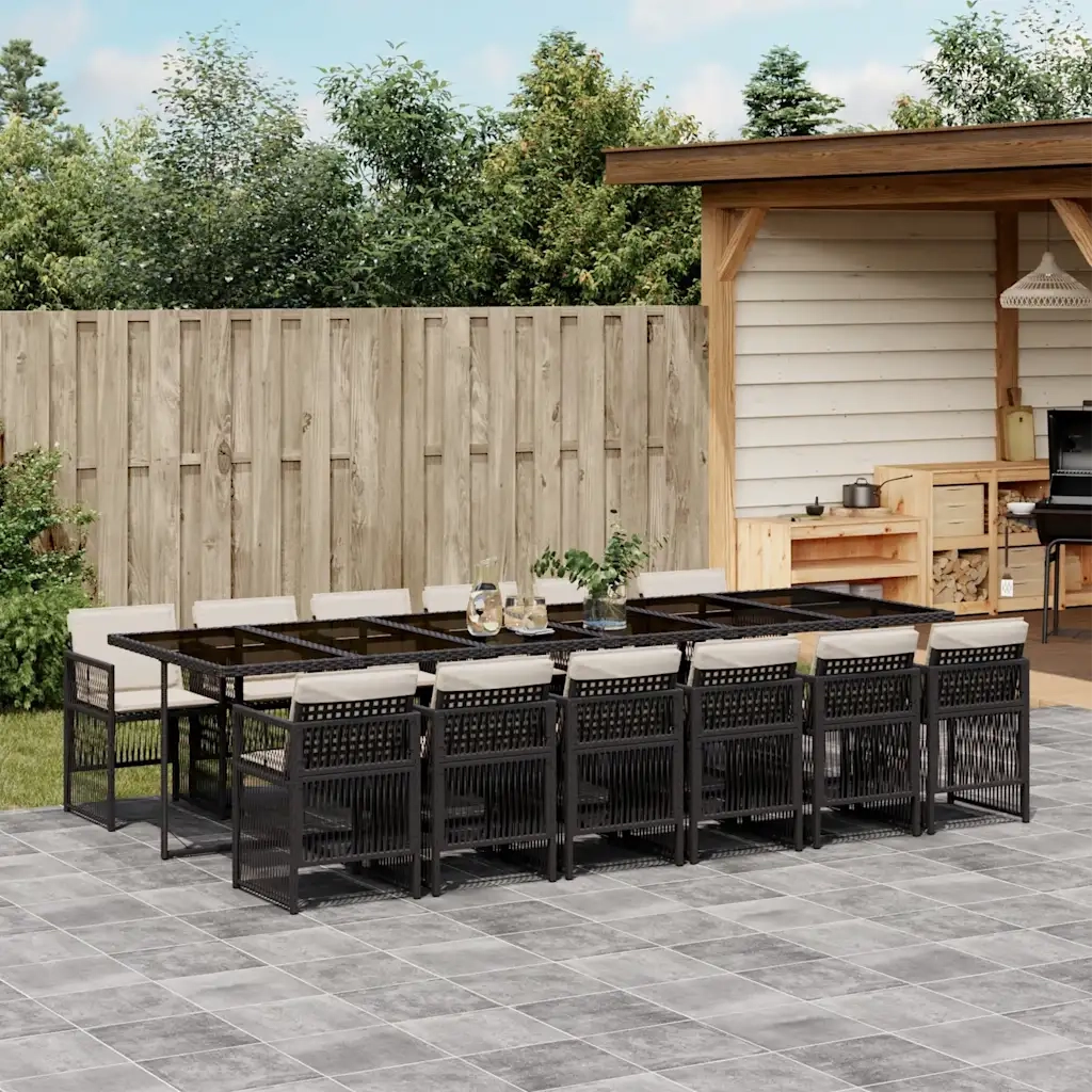 Set da Pranzo da Giardino 13pz con Cuscini Nero in Polyrattan 3210942