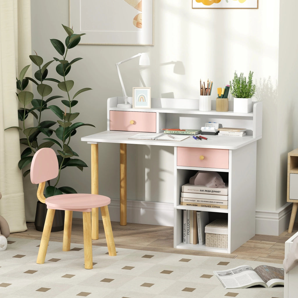 Scrivania per Bambini con Cassetti e Scaffale ¨C Minimal ¨C Rosa e Bianco