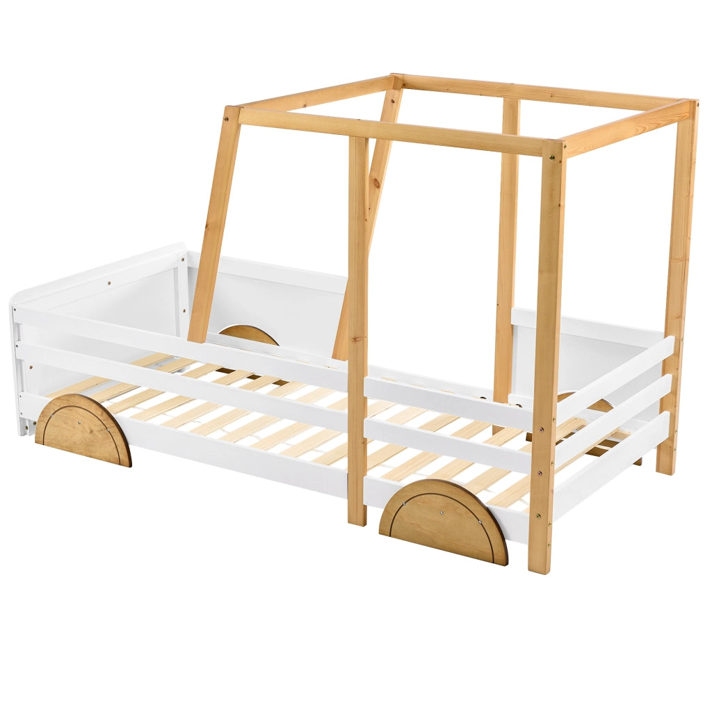 DESMIU Letto per bambini 1 posto con sponde, forma auto e struttura superiore, 90 × 200 cm, senza materasso, bianco