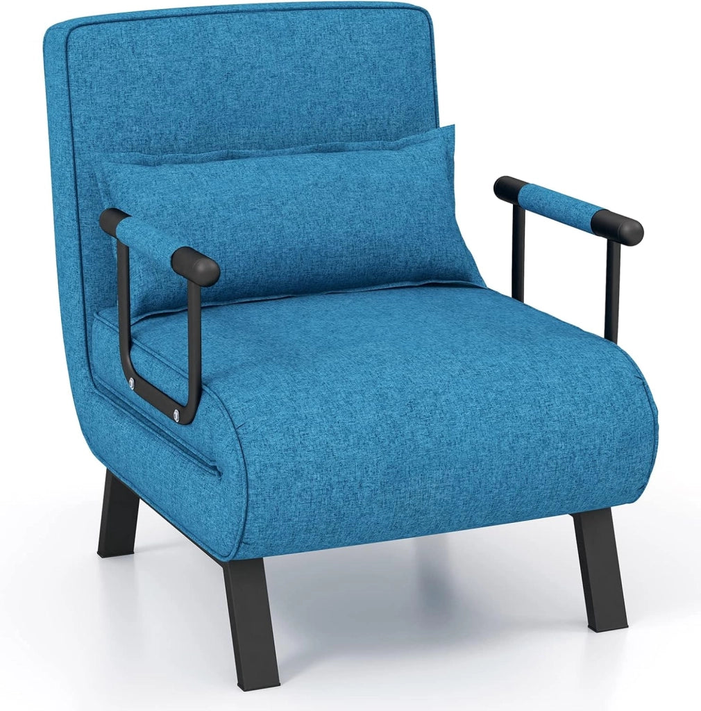 Poltrona Letto, 4 in 1 Poltroncina Pieghevole con Schienale Regolabile in 6 Posizioni, Sedile Imbottito Robusto, Divano Letto Singolo per Casa Ufficio, 79x65x79 cm (Blu)