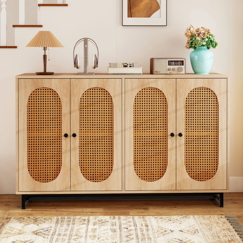 Credenza in rattan ripiani e gambe in metallo 126 x 40 x 81 cm, Armadio a buffet per cucina sala da pranzo e soggiorno Naturale