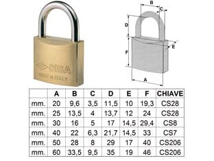 LUCCHETTO OTTONE ARCO NORMALE 22010  mm.25 (art.22010250)    CISA