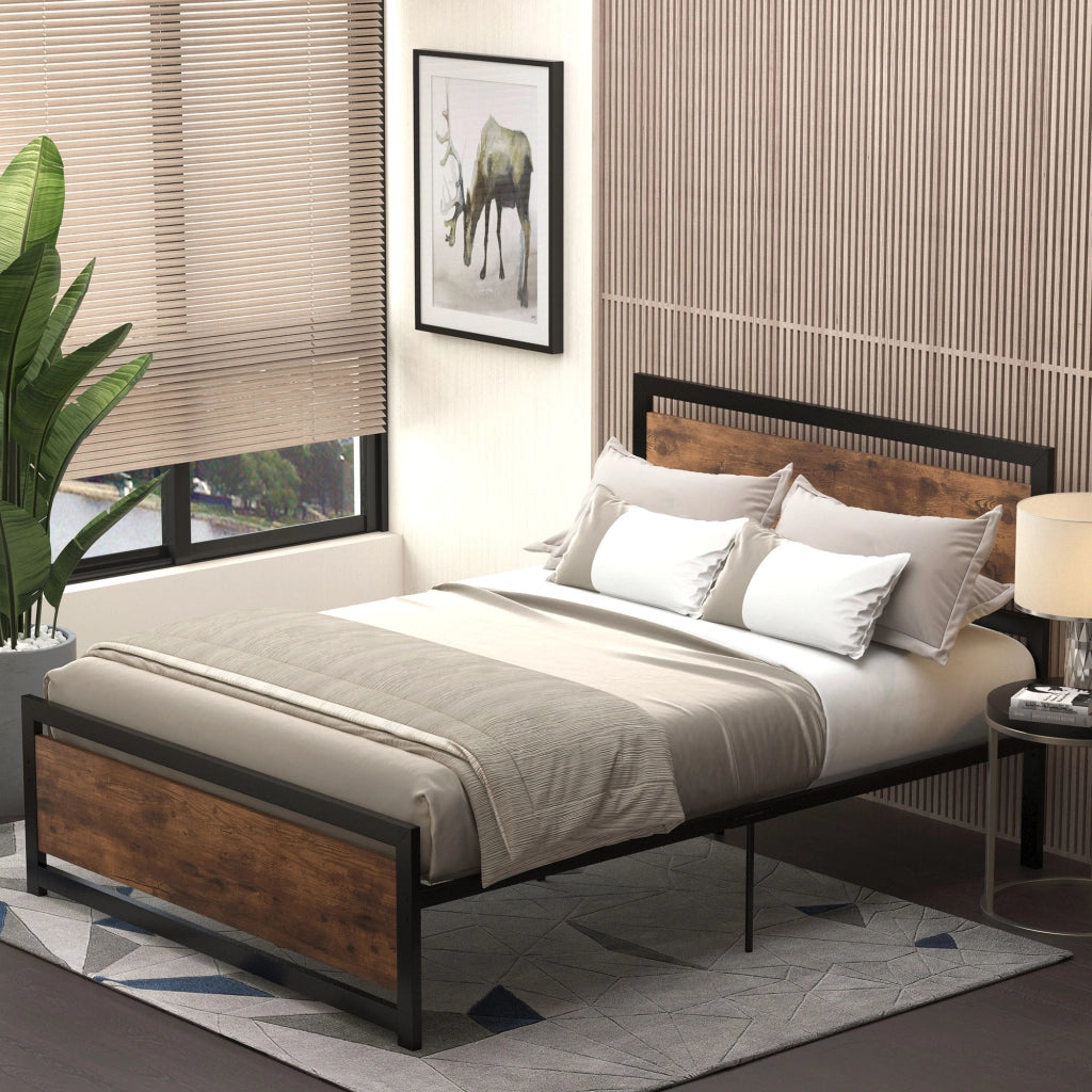 Letto matrimoniale in metallo con testiera e rete a doghe ¨C Xylo ¨C 140x190 cm effetto legno scuro