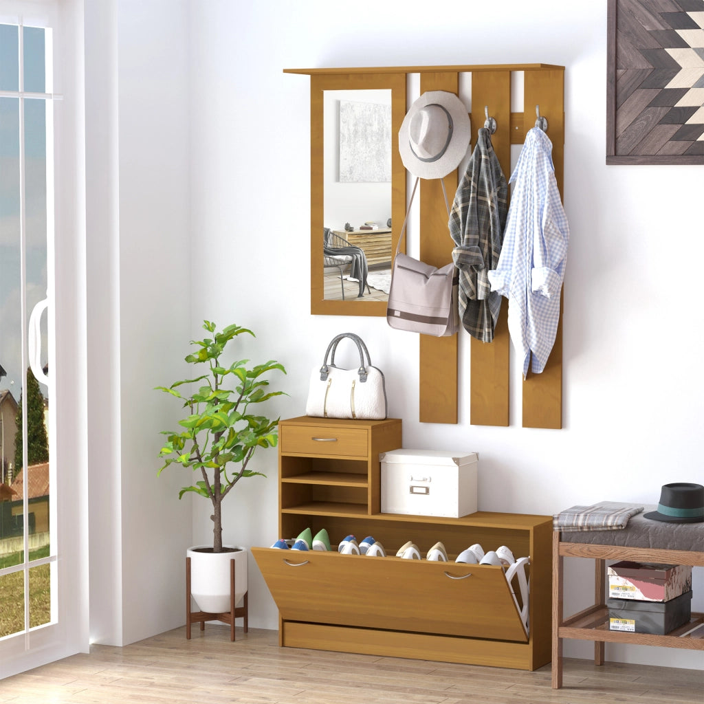Set Mobili Ingresso Moderno con Scarpiera e Specchio, Appendiabiti da Ingresso con 6 Ganci, 2 Ripiani Regolabili e Cassetti in Legno per Corridoio, 90x24x166 cm, Legno