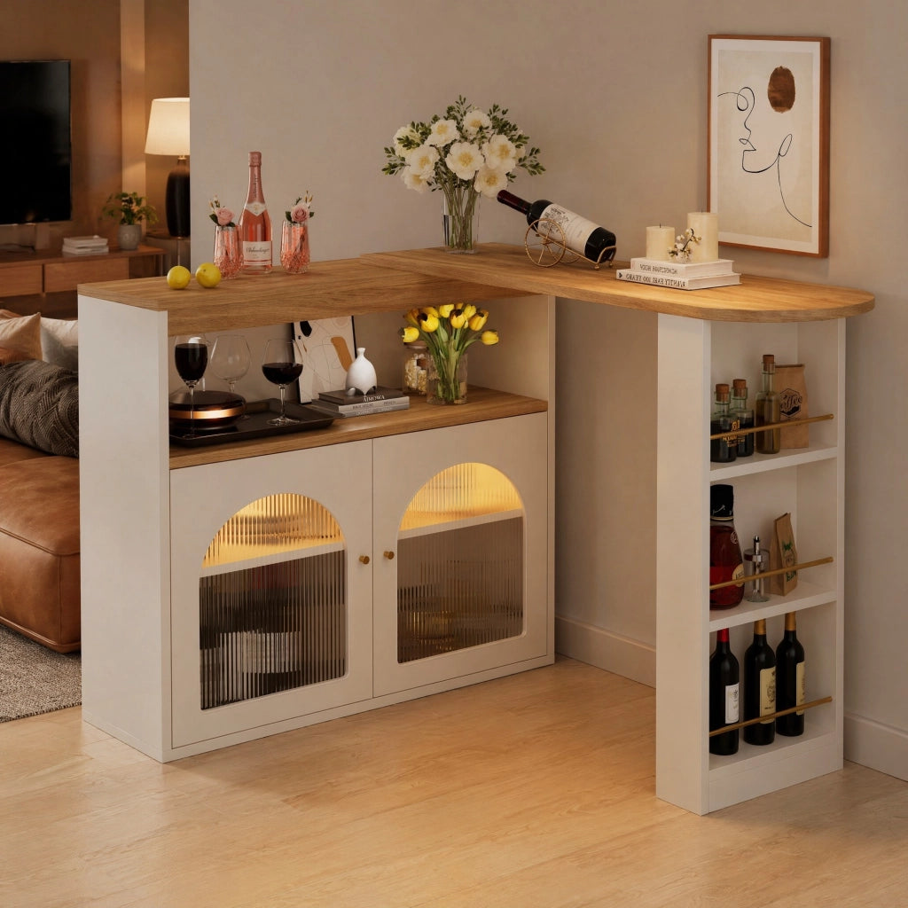 Bar tavolo allungabile girevole con LED e vano contenitore, bianco, 138-193 x 39 x 105 cm