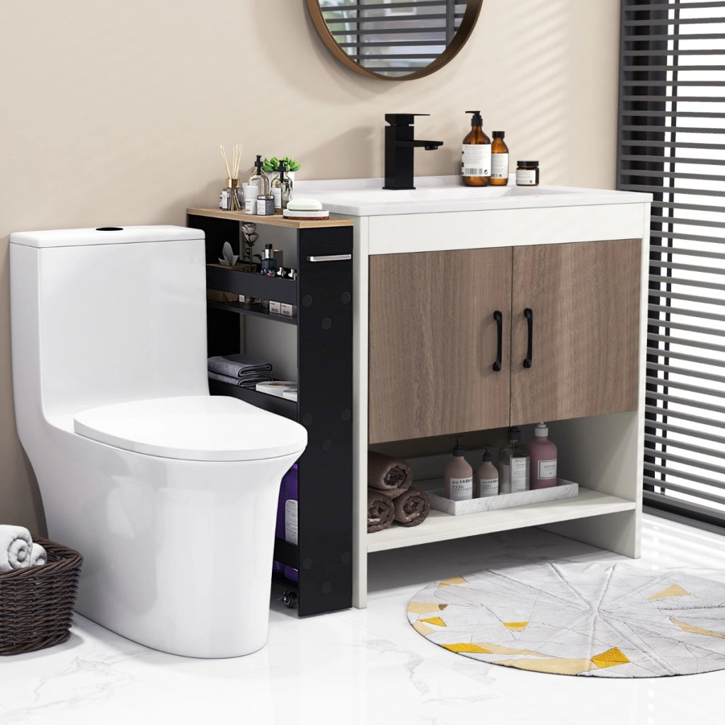 Carrello portaoggetti da cucina con maniglia ruote, Scaffale mobile salvaspazio con scaffali stretti Nero