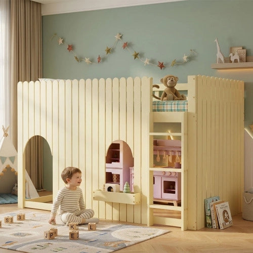 Letto a soppalco per bambini 90x200 cm LEMONMAX, LED multicolore, scala contenitore a 3 gradini, sponde, pino e MDF, legno naturale